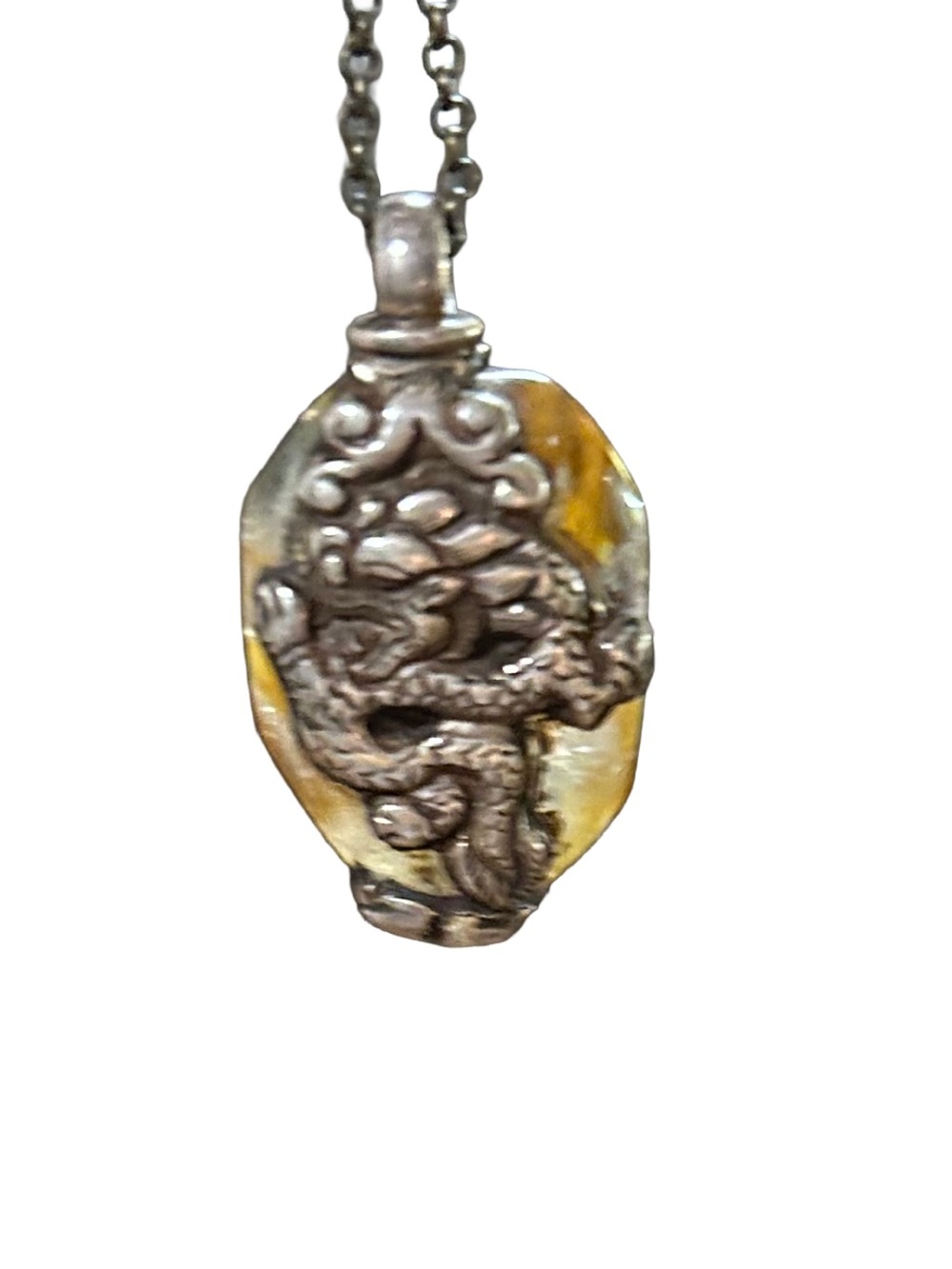 Handcrafted Silver Dragon Necklace Natural Agate Pendant Oxidized Cable Chain